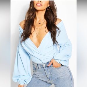 Boohoo Crepe Off Shoulder Wrap Bodysuit